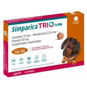 SIMPARICA TRIO 5 A 10 KG ANTIPARASITARIO INTERNO Y EXTERNO x 3 COMPRIMIDOS