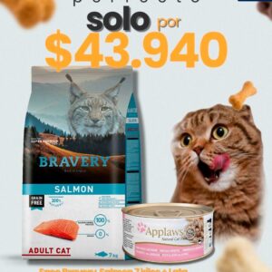 Pack Bravery Gato Salmón 7 kg + Lata Applaws Atún/Camarón
